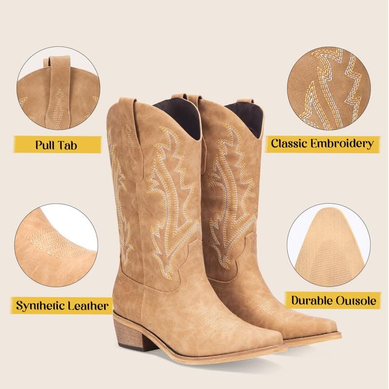 RURUNA Women's Black Mid Calf Square Toe Cowboy Boots