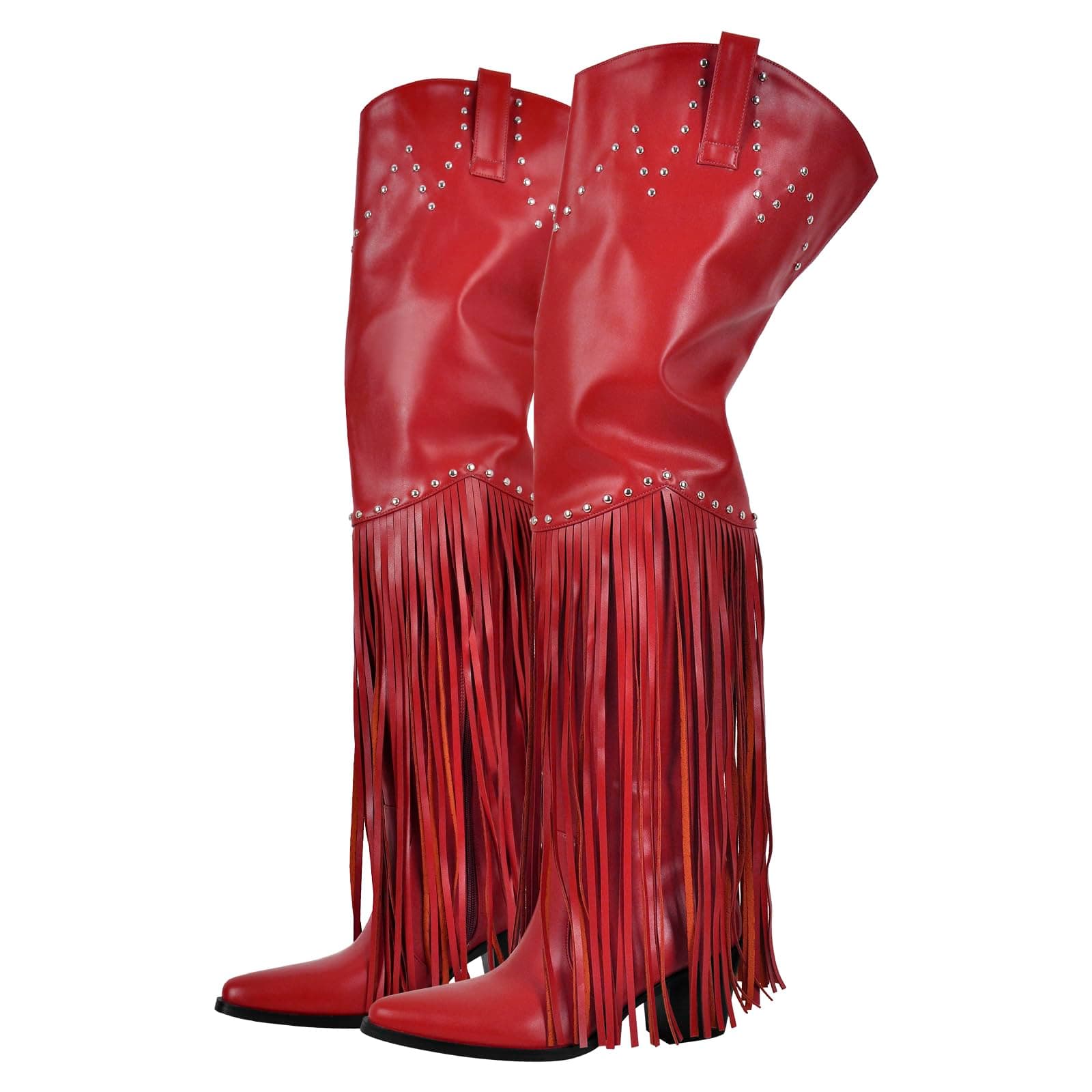 Richealnini Fringe Thigh High Zip-Up Western Boots