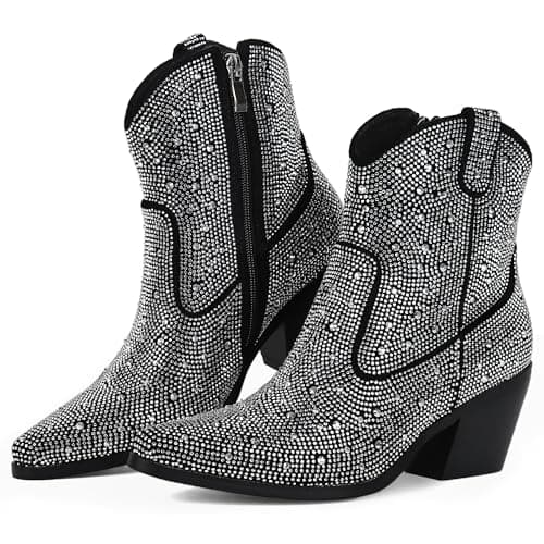 FIFSY Women's Glitter Rhinestone Chunky Heel Ankle Boots… — Black