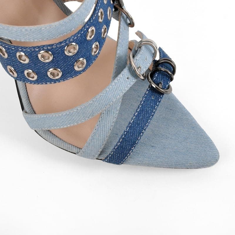 Richealnana Women's Denim Cloth Slip-On Strappy Pointy Toe Sandals