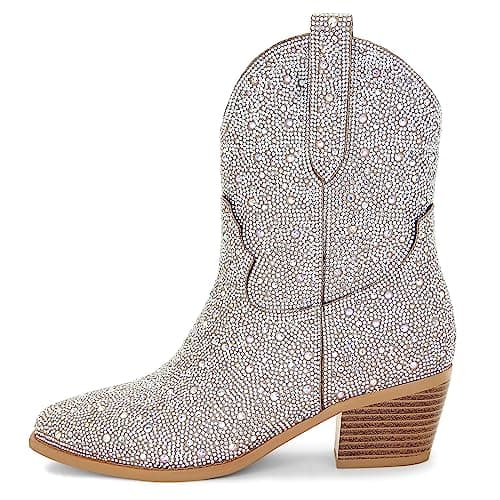 STALOV Women's Embroidered Cowgirl Ankle Boots, Pointed Toe Chunky Heel