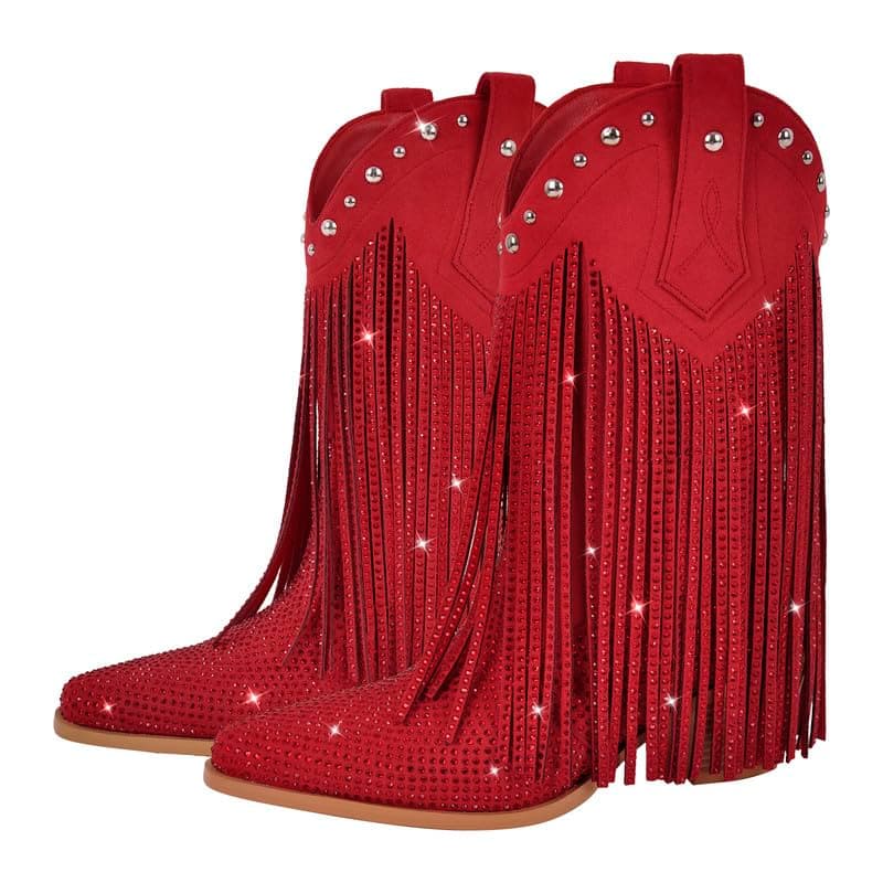 Sparkly Rhinestone Fringe Ankle Boots for Women