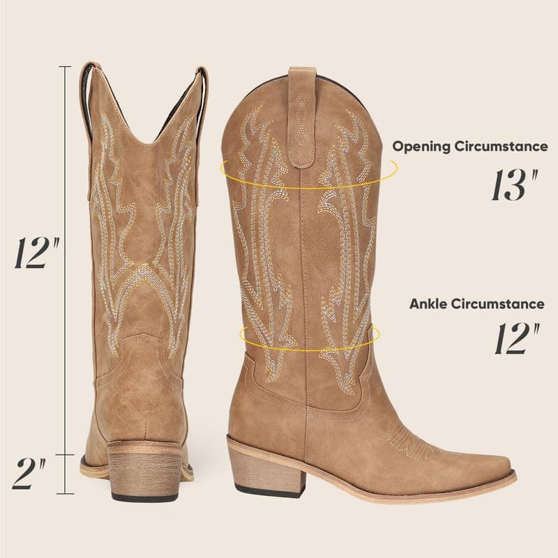 RURUNA Women's Black Mid Calf Square Toe Cowboy Boots