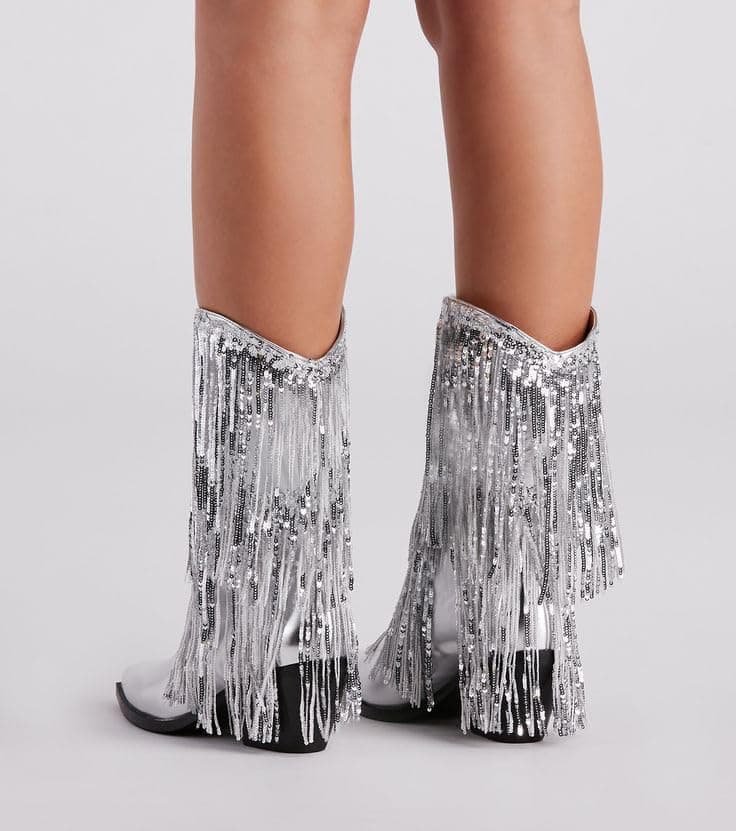 BIUBAKUA Women's Metallic Fringe Cowboy Boots with Tassels