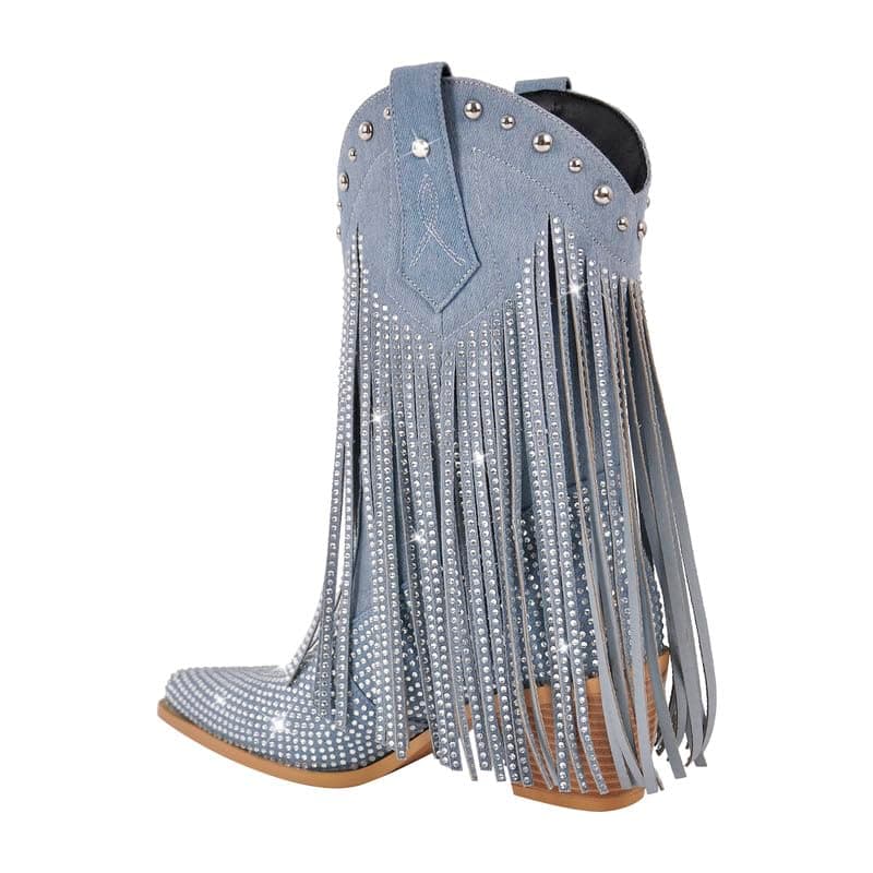 Sexytag Women's Sparkly Fringe Cowgirl Western Mid-Calf Boots