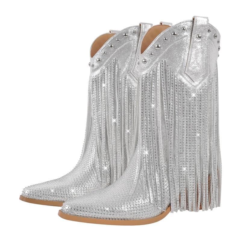 Sparkly Rhinestone Fringe Ankle Boots for Women — Silver