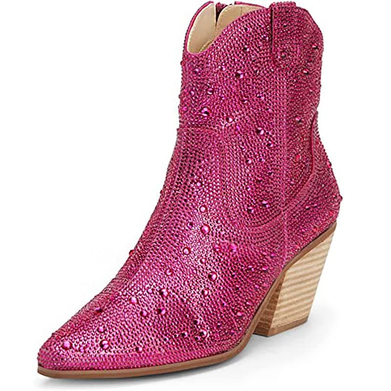 Yallmay Sparkly Rhinestone Cowgirl Booties for Women — Rose Red