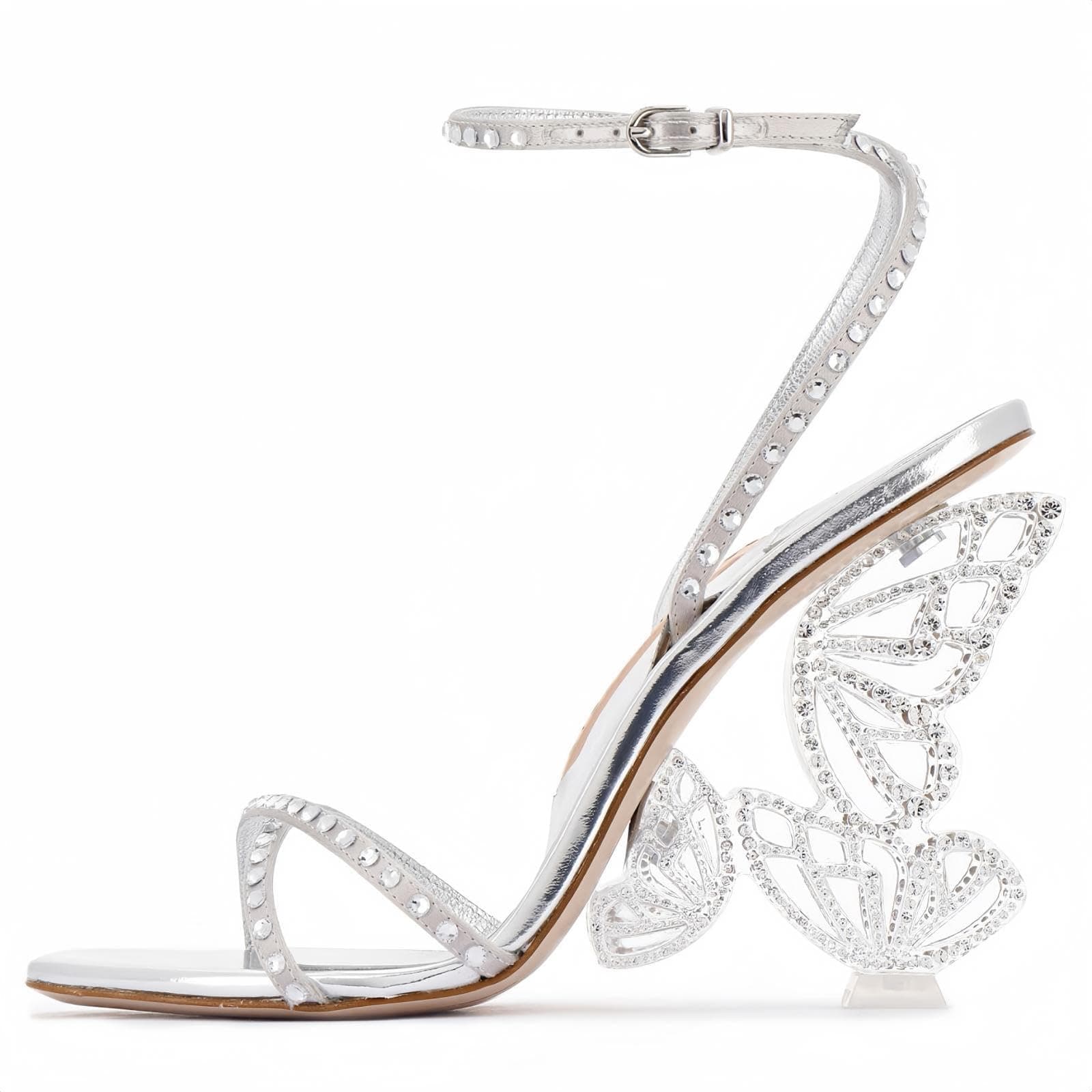 Longwenxuan Open Pointed Ankle Strap Rhinestone Heels for Women