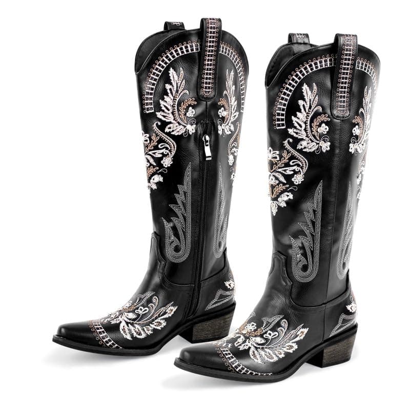 Richealnana Women's Cowgirl Round Toe Short Embroidered Boots Chunky Heel