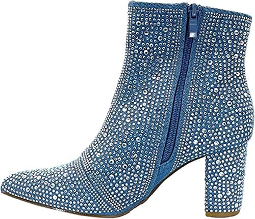 Forever Women's Rhinestone Chunky Ankle Bootie — Blue Denim Rhinestone