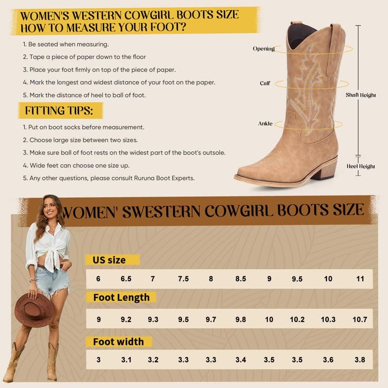 RURUNA Women's Black Mid Calf Square Toe Cowboy Boots