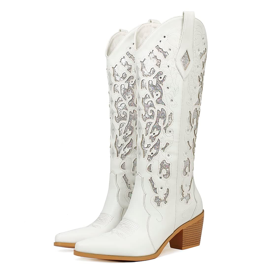 KiutSymo Sparkly Vintage Embroidered Cowgirl Boots Mid Calf Heel Wedding Western