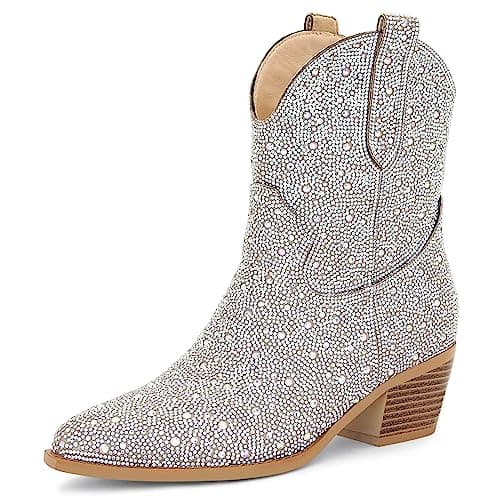 STALOV Women's Embroidered Cowgirl Ankle Boots, Pointed Toe Chunky Heel