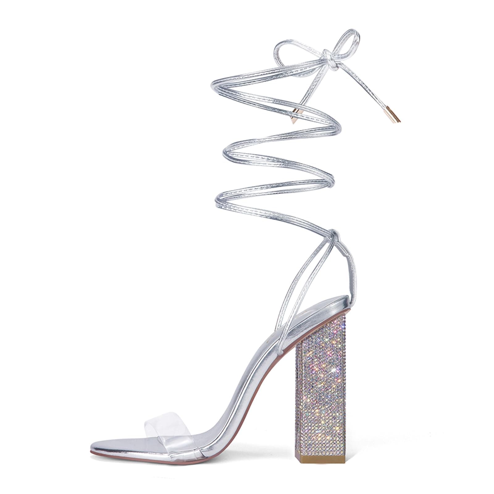 Genshuo Women's Strappy Rhinestone Chunky Heel Open Toe Party Wedding Shoes