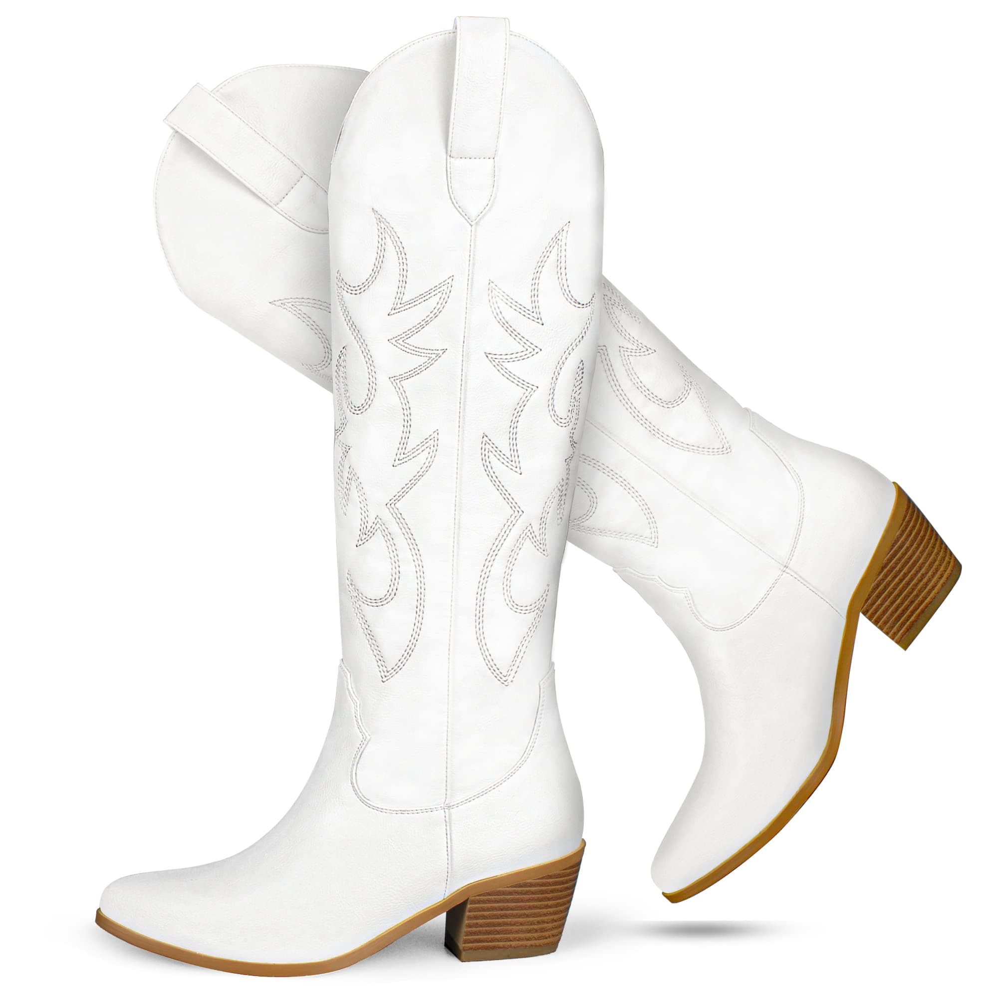Stalov Western PointedToe Chunky Heel Knee High Cowgirl Boots