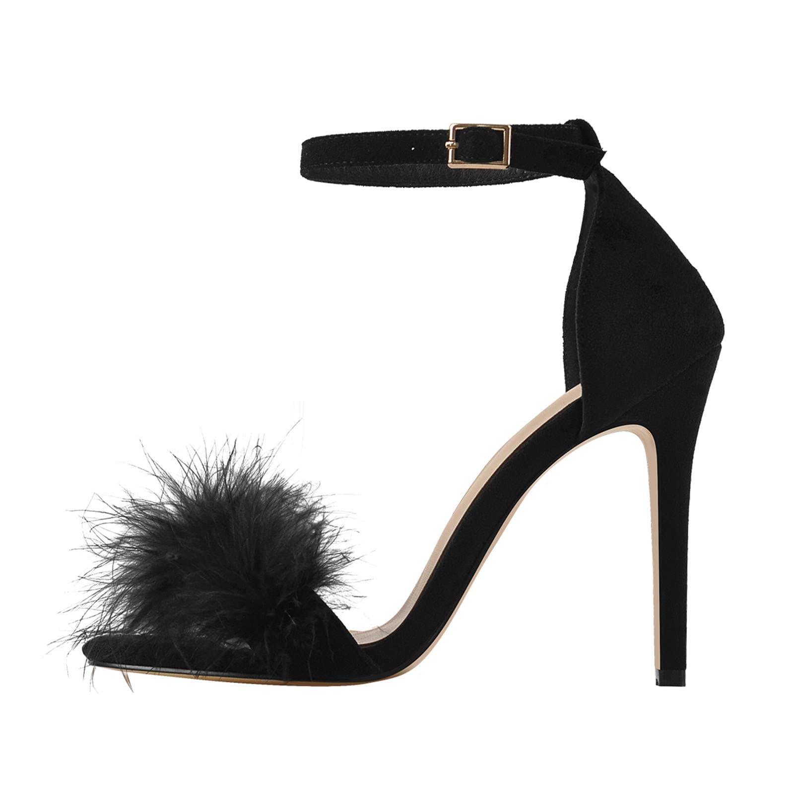 Richealnana Women's Black Ankle Strap Feather Heels Size 13