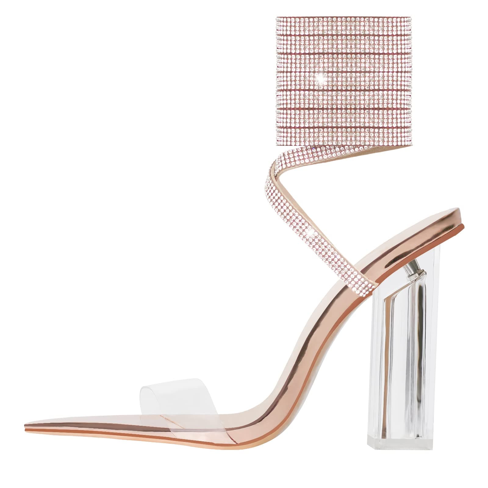 Women's Clear Block Heel Lace Up Rhinestones Sandals