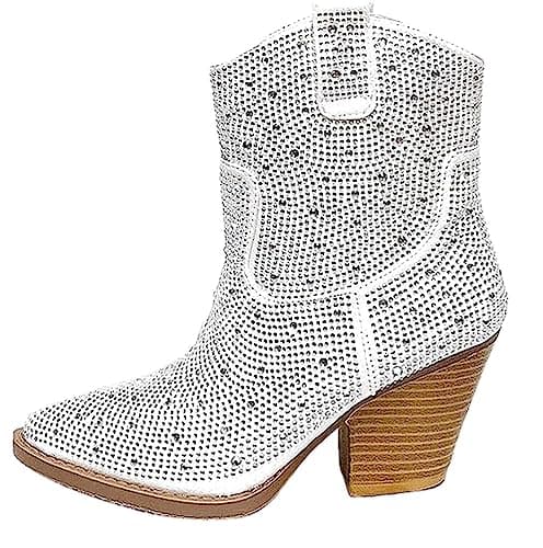Forever Women's Rhinestone Mid-Calf Knee High Ankle Booties — White Rhinestone