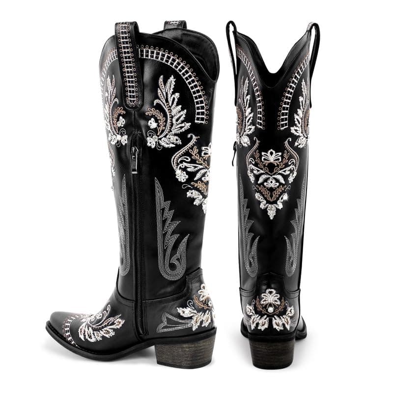 Richealnana Women's Cowgirl Round Toe Short Embroidered Boots Chunky Heel