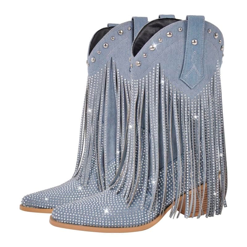 Sparkly Rhinestone Fringe Ankle Boots for Women — Denim Blue