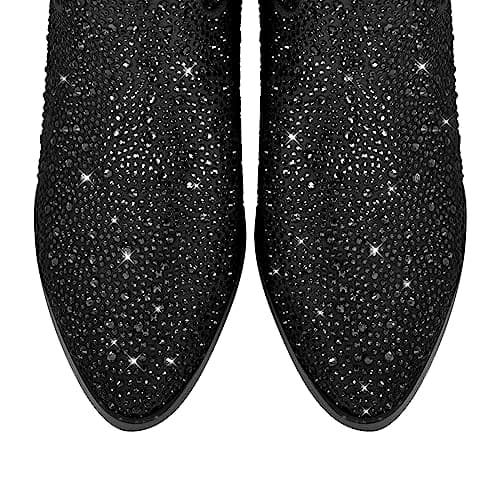 Richealnana Women's Rhinestones Mid Calf Boots with Chunky Heel Crystals