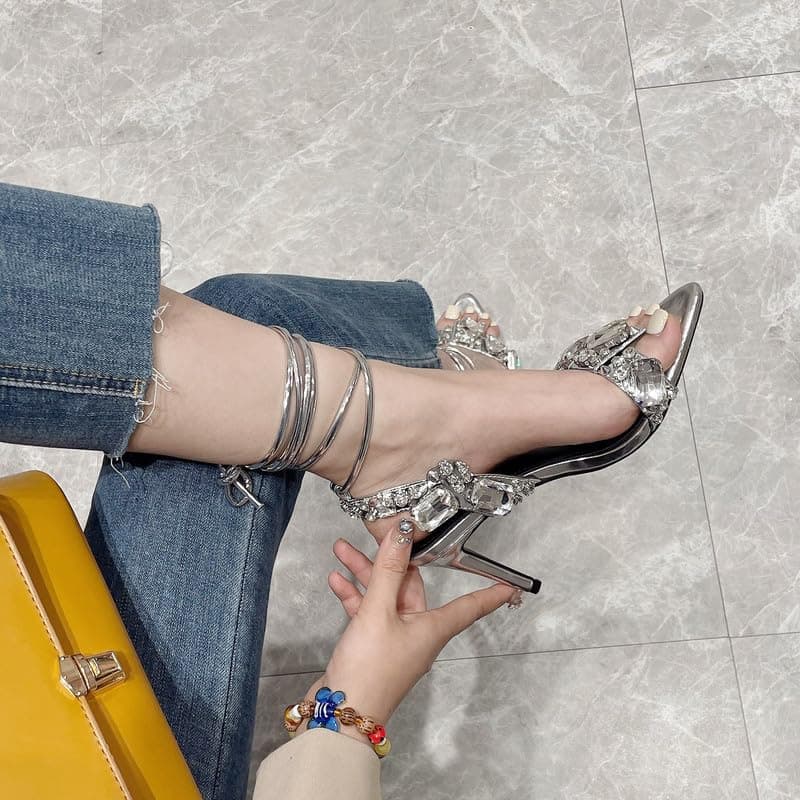 LISHAN Women's Rhinestone Anklet Strappy Pointed Heel High Heels Lace-Up Sandals