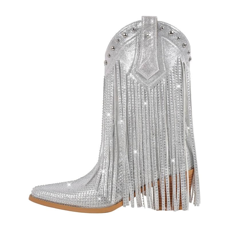 Sexytag Women's Sparkly Fringe Cowgirl Western Mid-Calf Boots — Silver