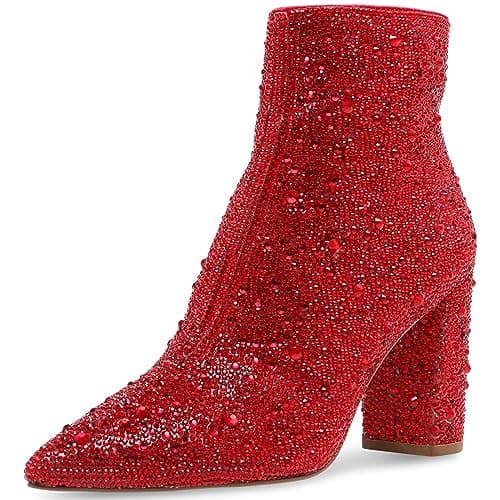 MUCCCUTE Women's Sparkly Rhinestone Ankle Boots for Party and Wedding — Spark Red