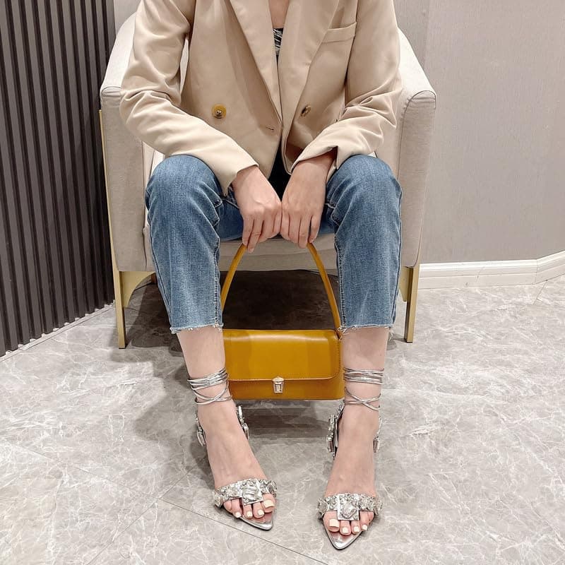 LISHAN Women's Rhinestone Anklet Strappy Pointed Heel High Heels Lace-Up Sandals