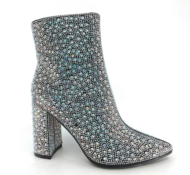 PAZZLE Women's Rhinestone Block Heel Short Knee High Booties Runway-01 — Black/Silver