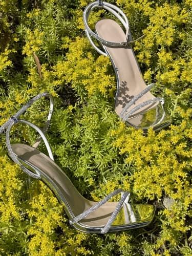 LISHAN Women's Square Toe Rhinestone Studded Ankle Buckle Clear Heels