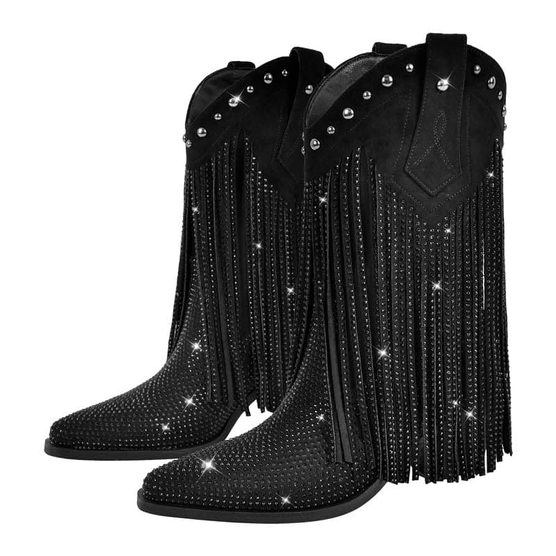 Sparkly Rhinestone Fringe Ankle Boots for Women — Black