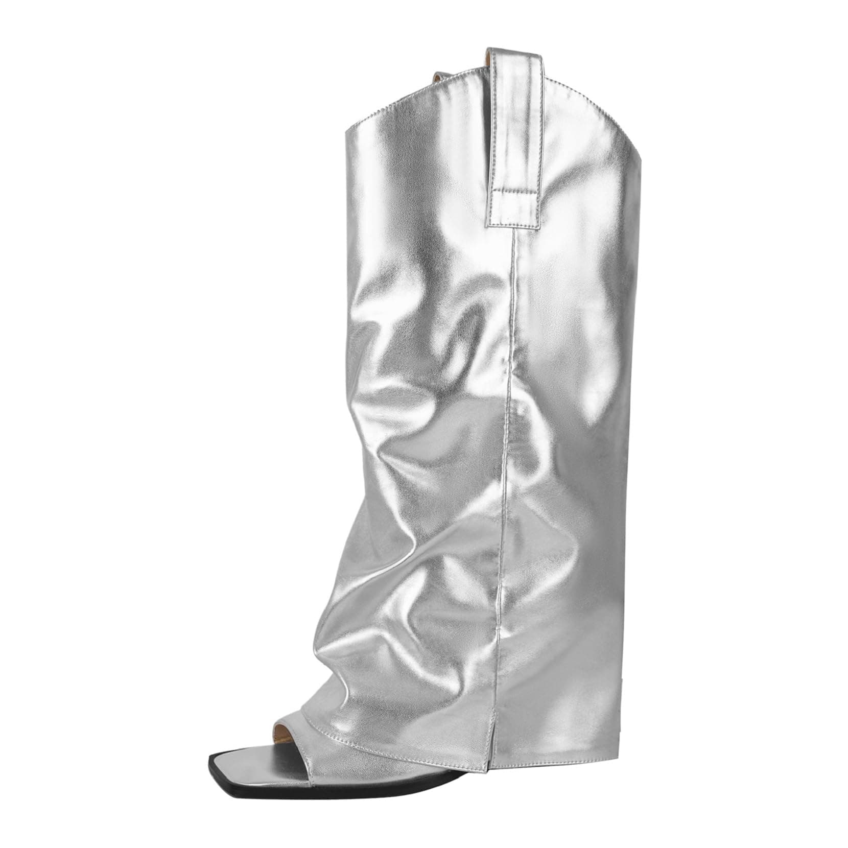 Richealnana Women's Calf High Fold Over Cowboy Boots Jeans Open Square Toe Breathable Pull-On