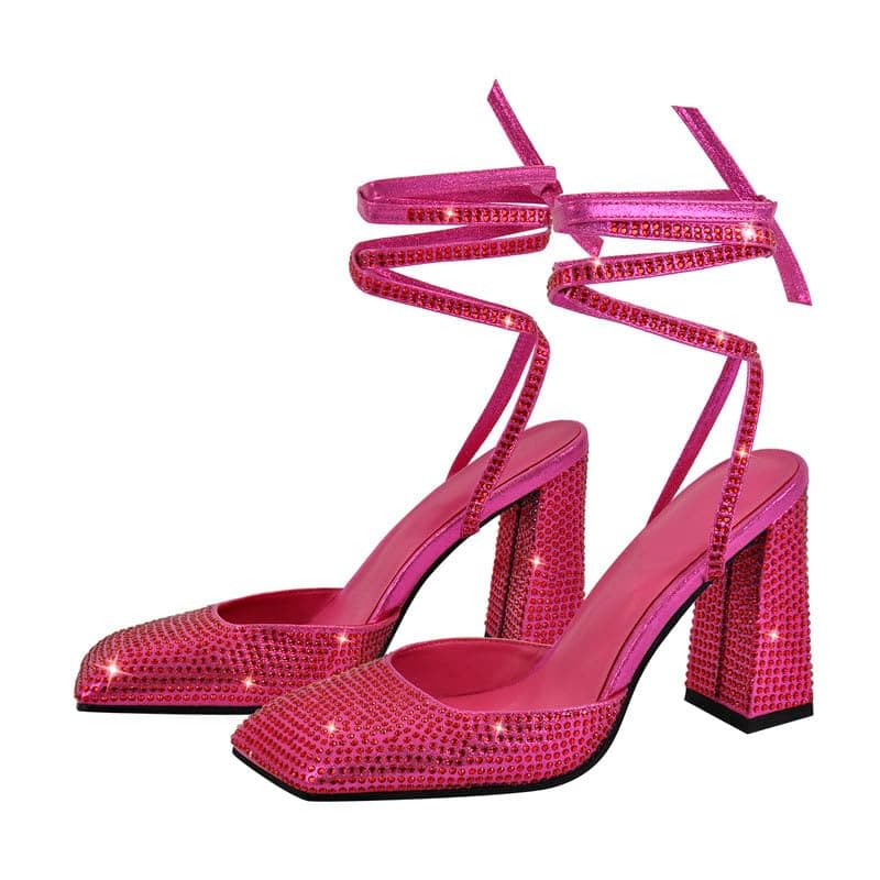 Richealnana Women's Rhinestone Lace-Up Strappy Sandals for Party Prom — Rose Red