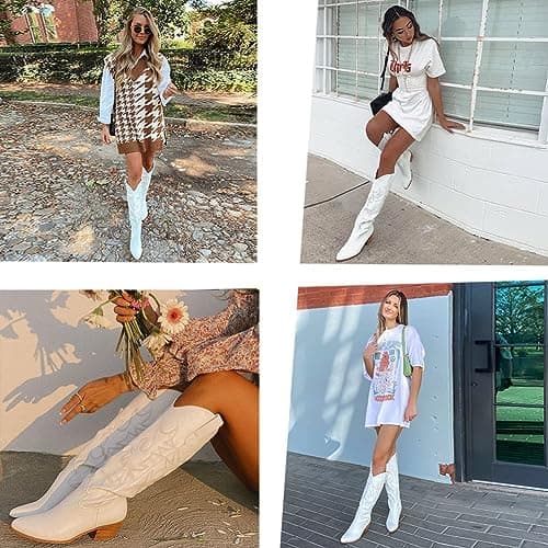 Erocalli White Embroidered Cowboy Boot for Women Knee High Heeled Pull-On