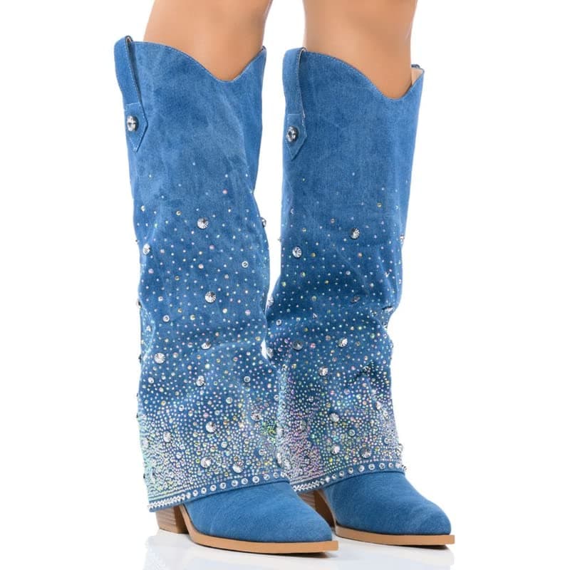 Sexyluxe Women's Sparkly Rhinestone Cowboy Bootie Knee High Jean Boots