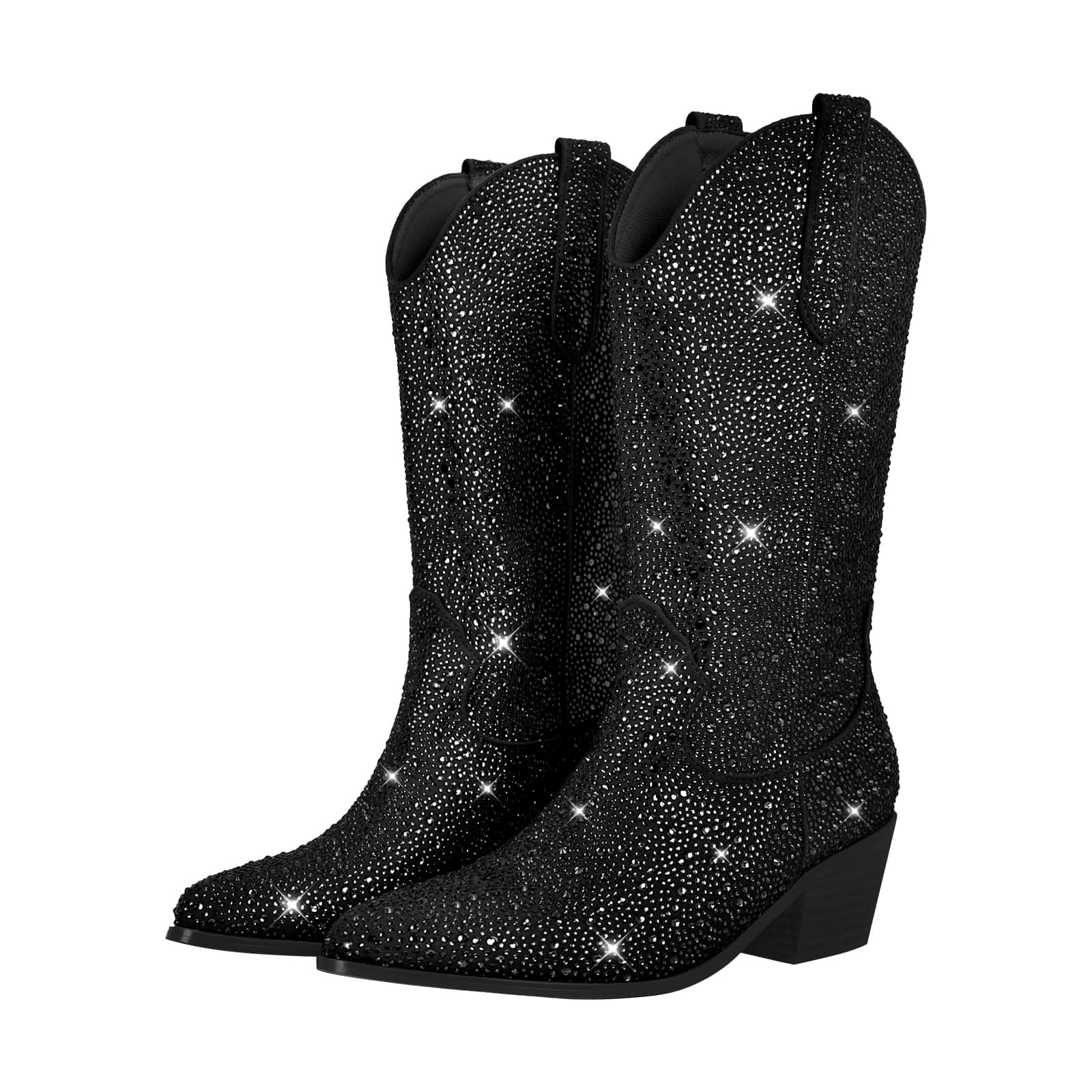 Richealnana Women's Rhinestones Mid Calf Boots with Chunky Heel Crystals