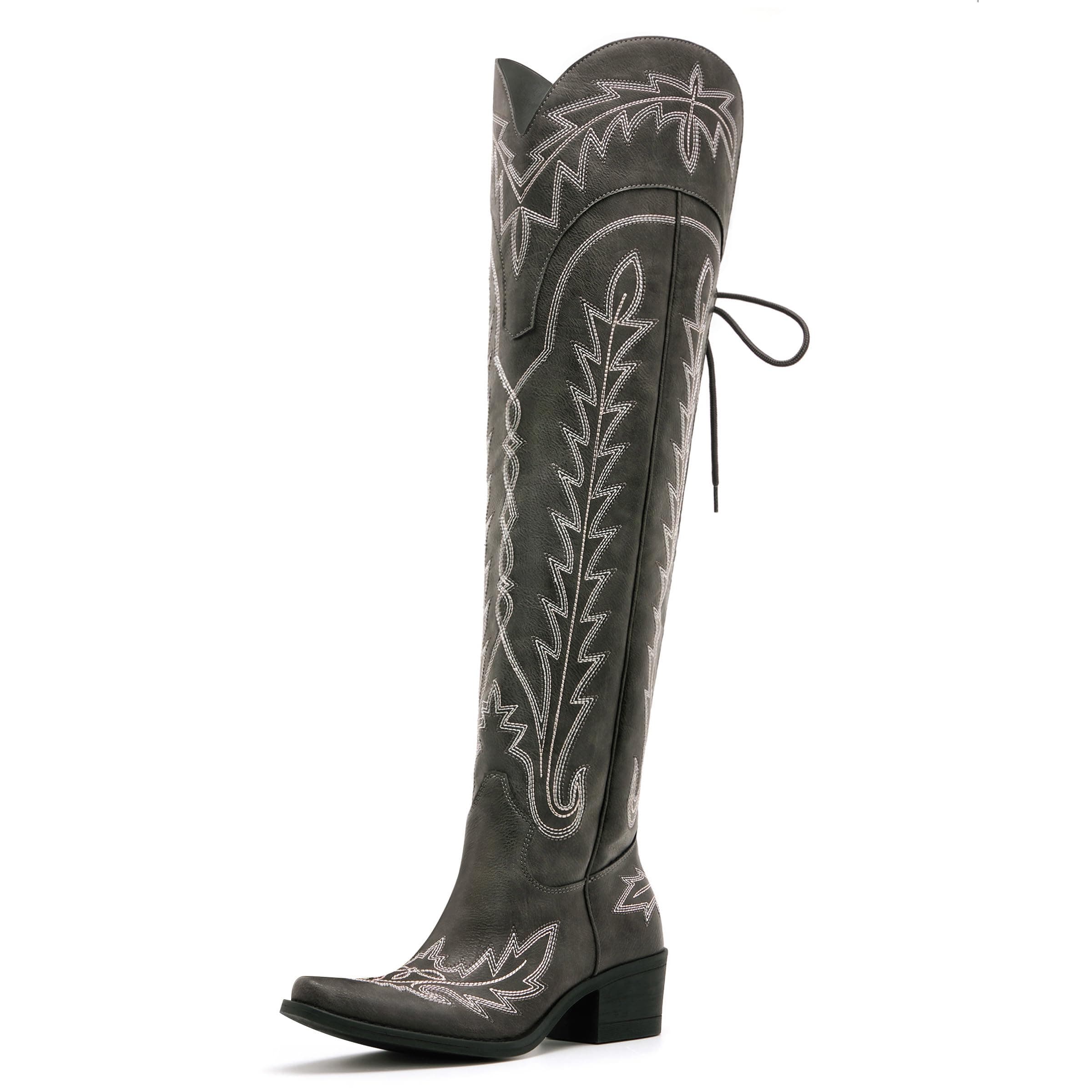 vódvob Women's Black Lace-Up Over-The-Knee Cowboy Boots, Western Casual Wear