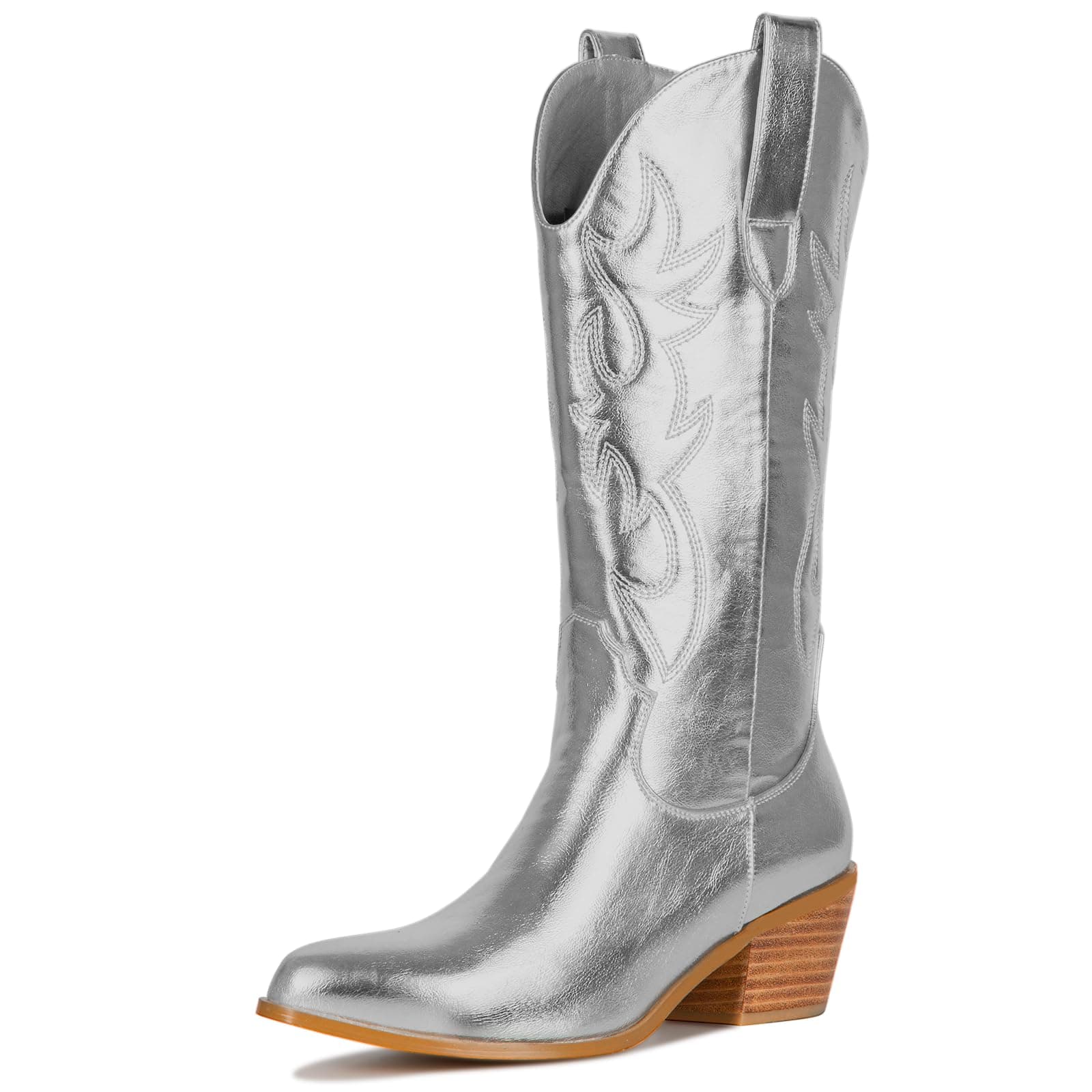 Ouepiano Women's Western Embroidered Booties, Mid Calf Pointed Toe Chunky Heel Pull-On Boots