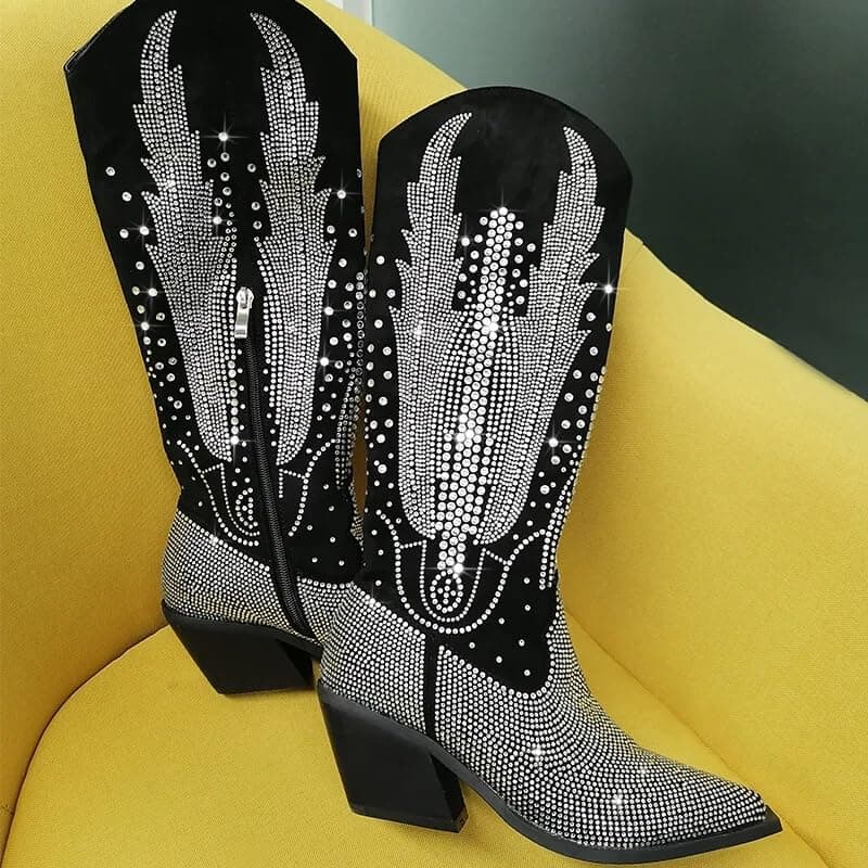 RONILURN Women's Black Knee High Cowboy Boot with Rhinestone Bling