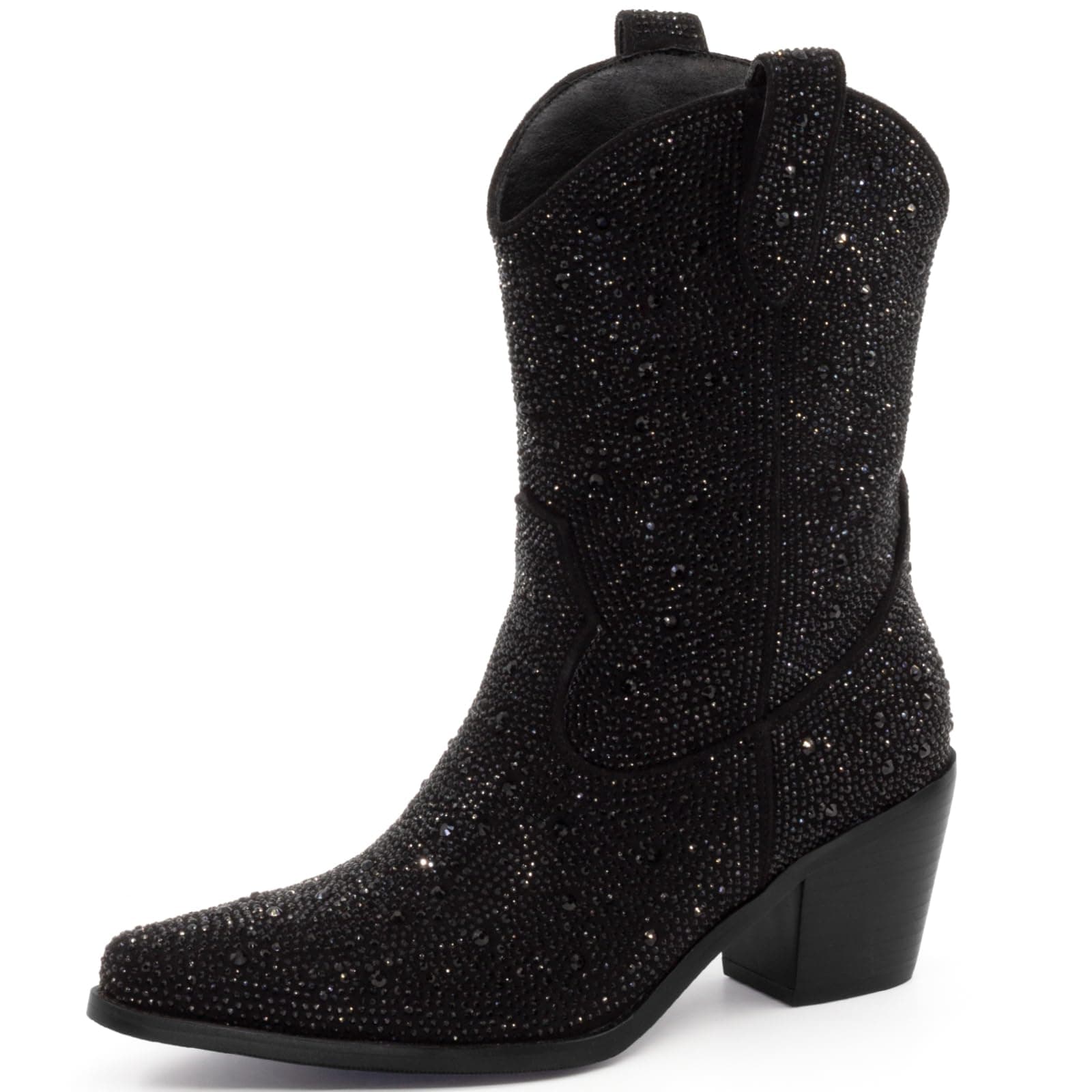 MISSMILLER Women's Sparkly Rhinestone Mid Calf Boots with Pull-OnTabs