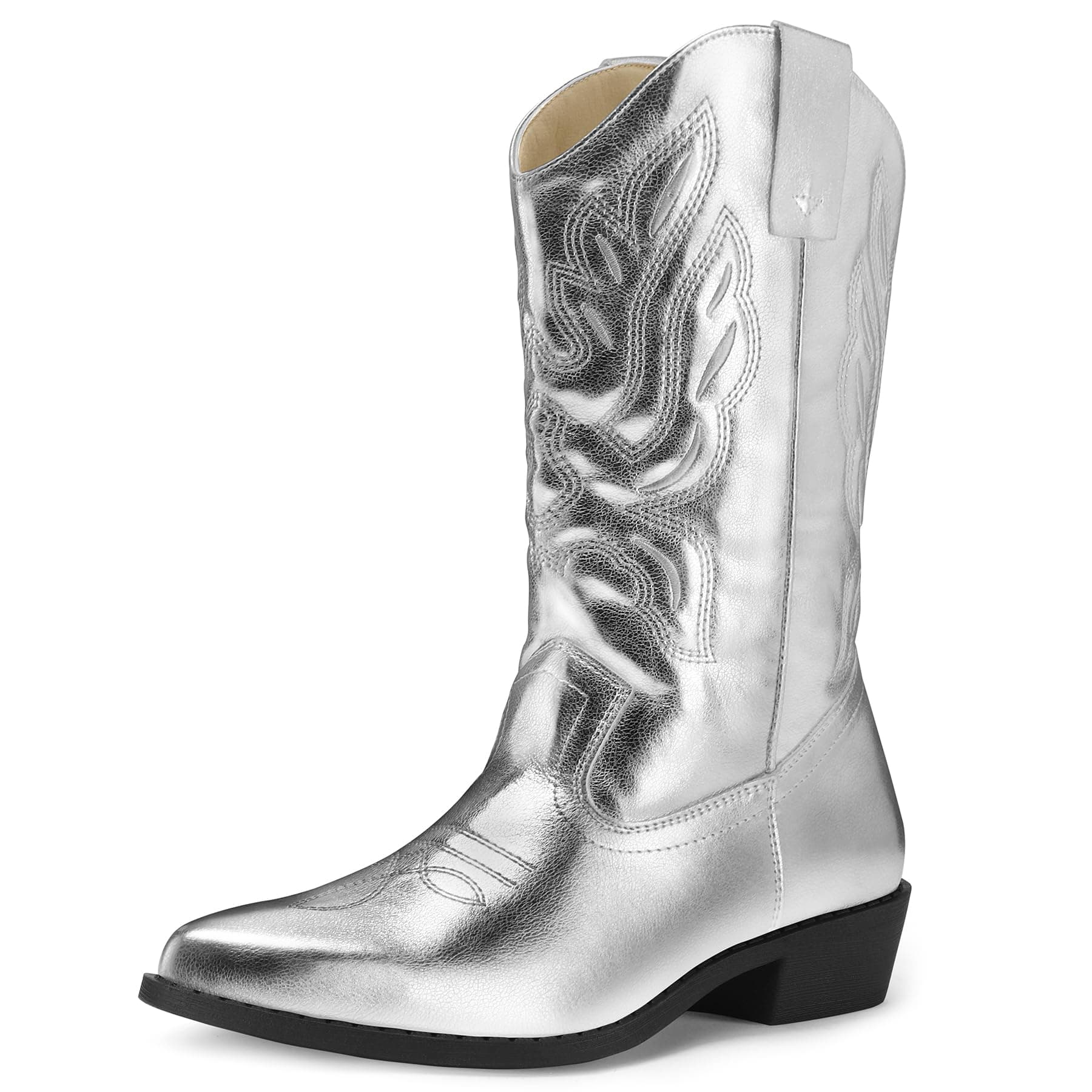 Mysoft Women's Cowboy Boots Embroidered Mid-Calf Pointed Toe