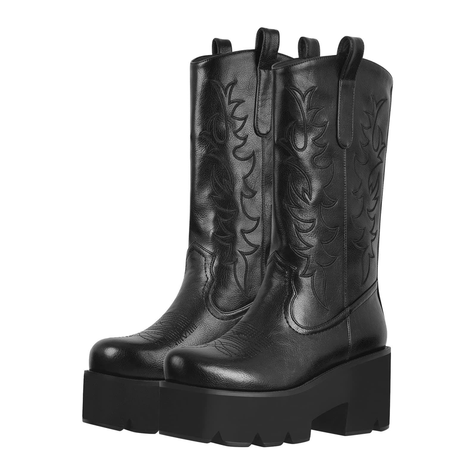 Rich heel Mid Calf Booties for Women Embroidered Knee-High Boots
