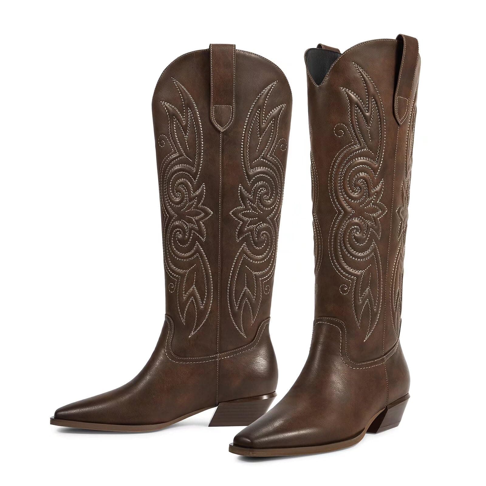 ISNOM Western Cowboy Boots for Women Knee High Square Toe Low Heel
