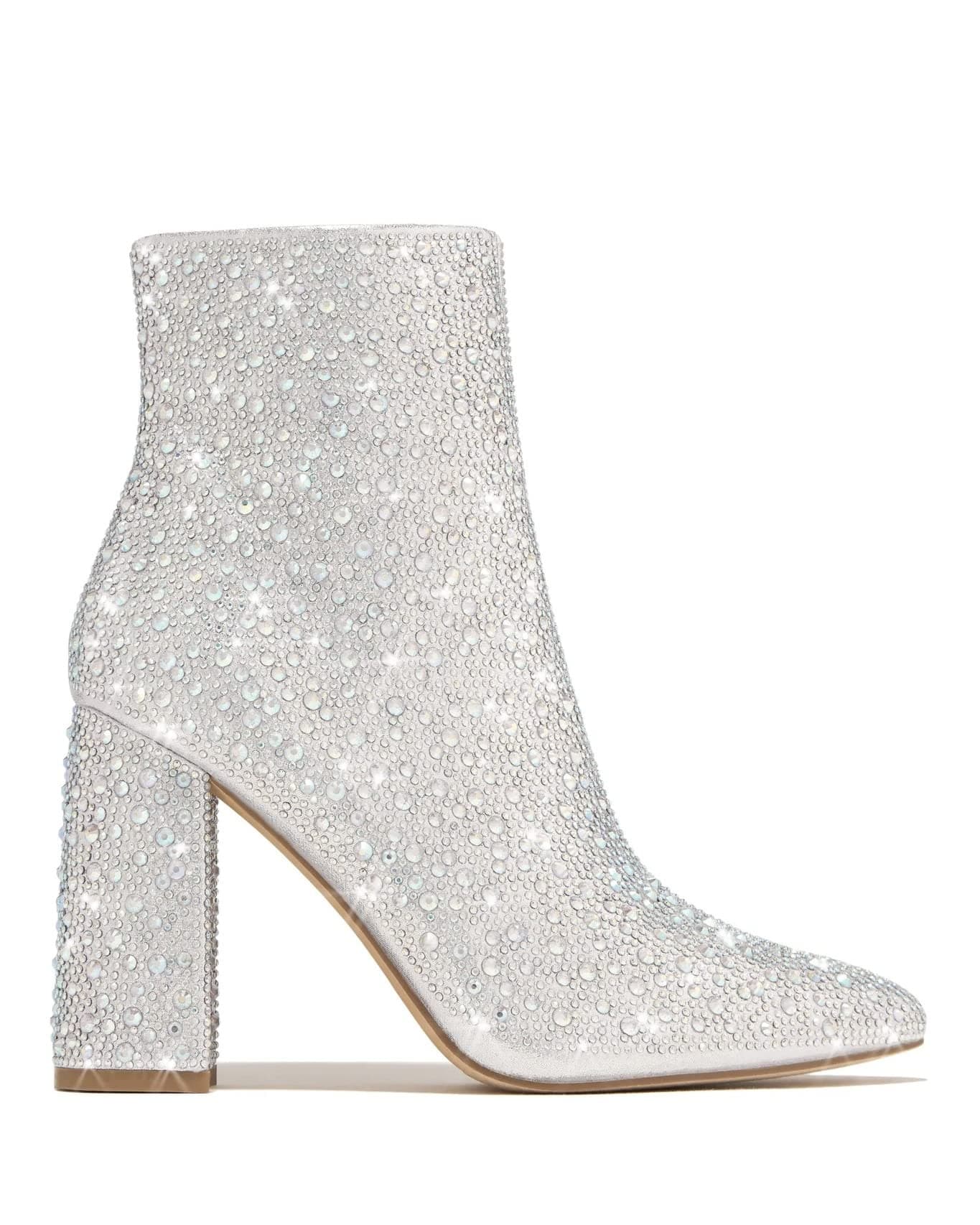 PAZZLE Women's Rhinestone Block Heel Short Knee High Booties Runway-01