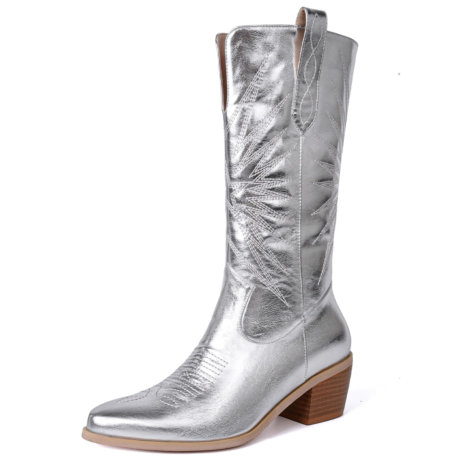 Metallic Embroidered Cowboy Boots for Women | Mid Calf Heel Pull-On