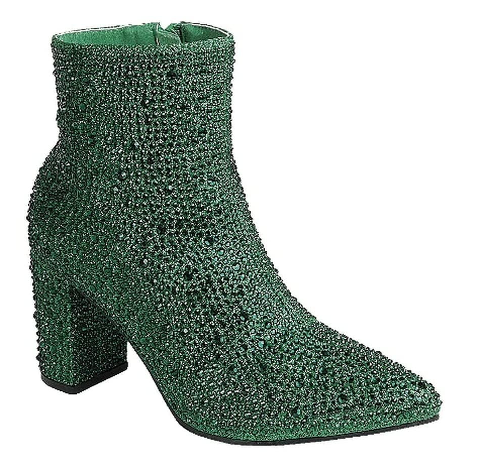 Forever Women's Rhinestone Chunky Ankle Bootie — Emerald/Green Rhinestone