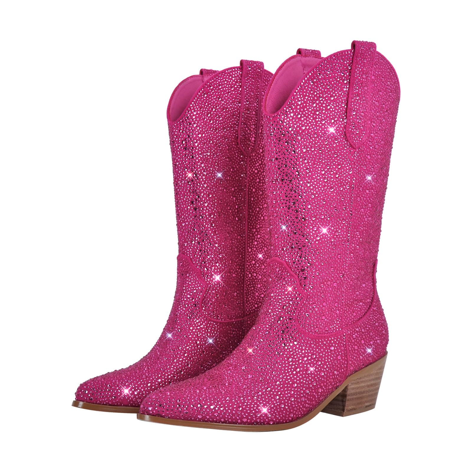 Richealnana Women's Rhinestones Mid Calf Block Heel Boots with Crystals