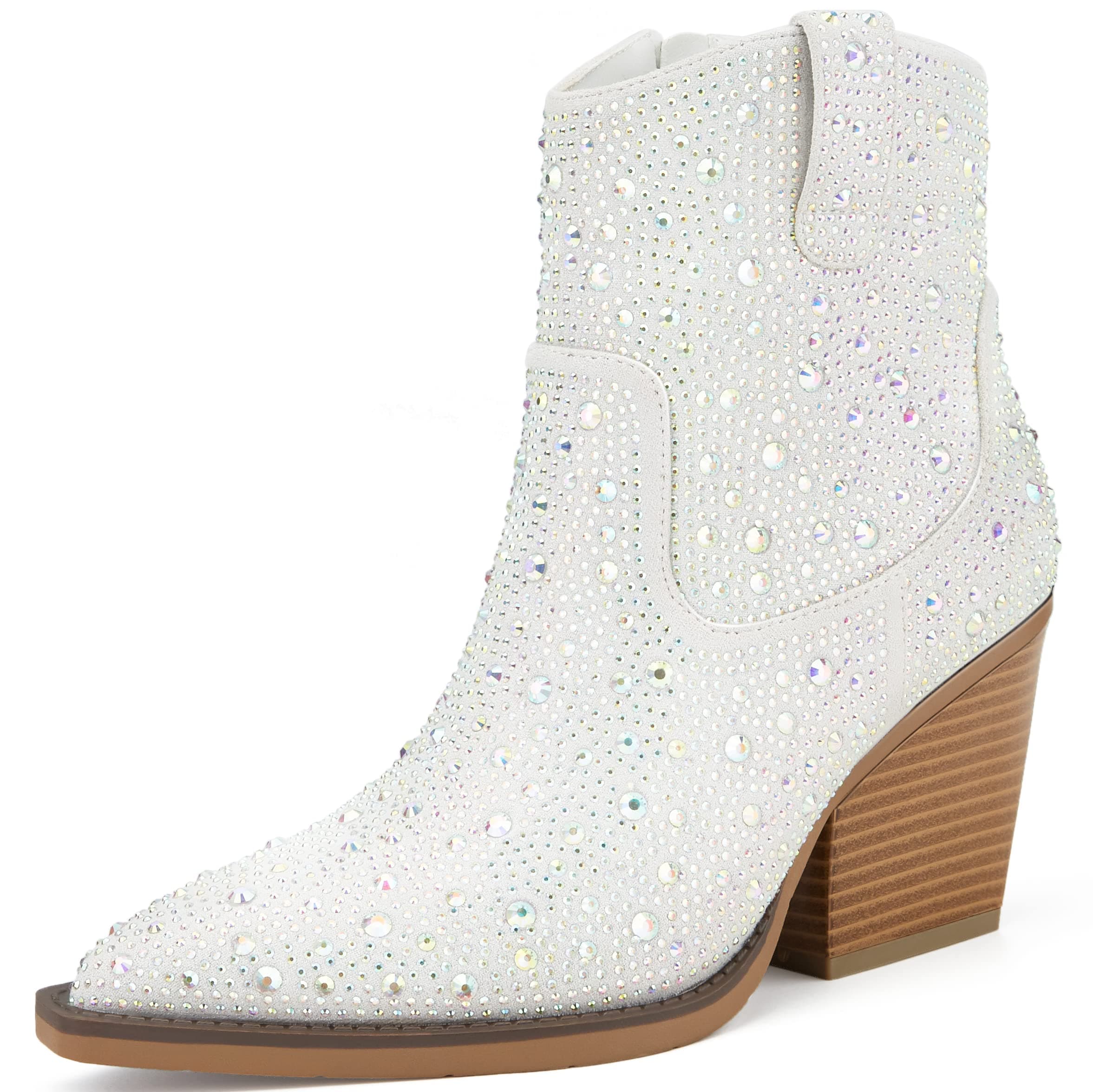 OOHRHN Women's Glitter Rhinestone Cowboy Booties Chunky Heel Pearl Detail
