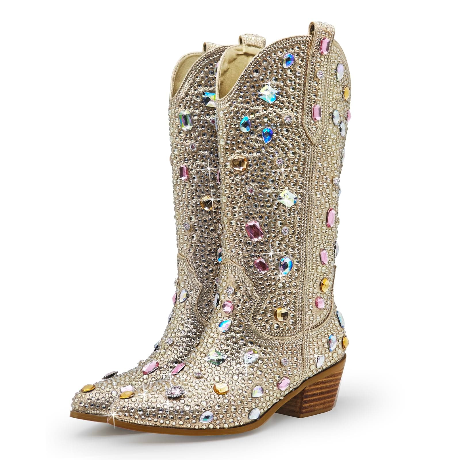 Sparkle Rhinestone Cowboy Boots for Women Western Mid Calf Glitter Pull-on Zipper Boots